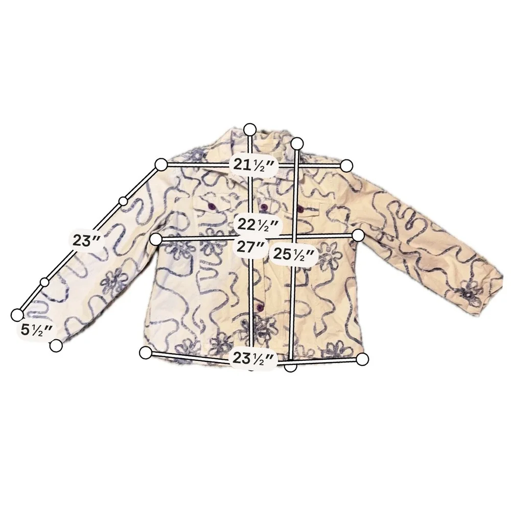 Keren‎ Hart Women XL White Blue Floral Embroidered Cotton Denim Jacket Artsy